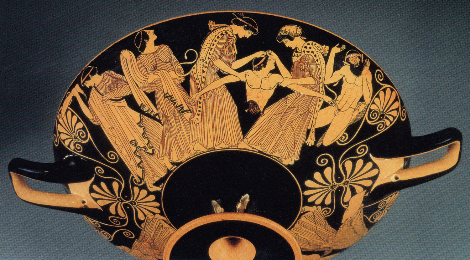 Depiction of a scene from 'The Bacchae'. Red-Figure Cup Showing the Death of Pentheus (exterior), c. 480 BCE.