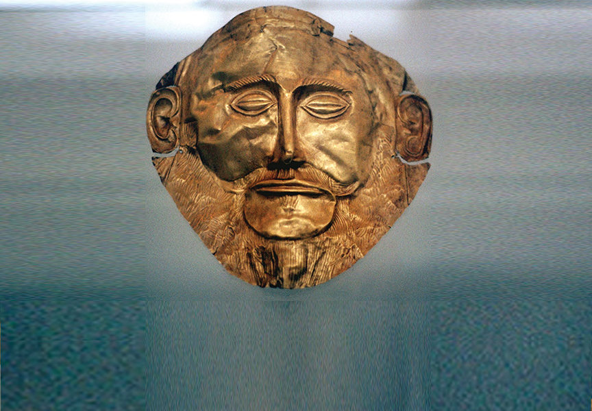 Gold funeral mask from Mycenae, 1550–1500 BCE, said to be the death mask of Agamenon.