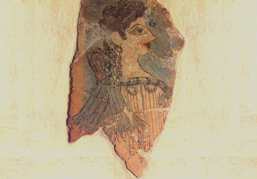 Minoan fresco of a Lady with the sacral knot at the back of the neck that seems to indicate that she is a priestess or even a goddess, ca. 1400 BCE. The Herakleion Archaeological Museum, Crete.