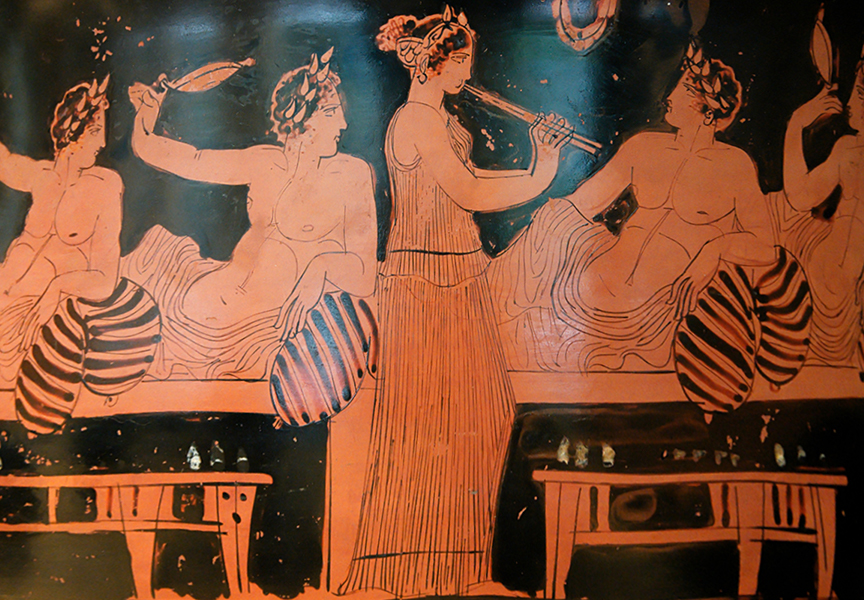 A female aulos-player entertains men at a symposium on this Attic red-figure bell-krater, c. 420 BCE.