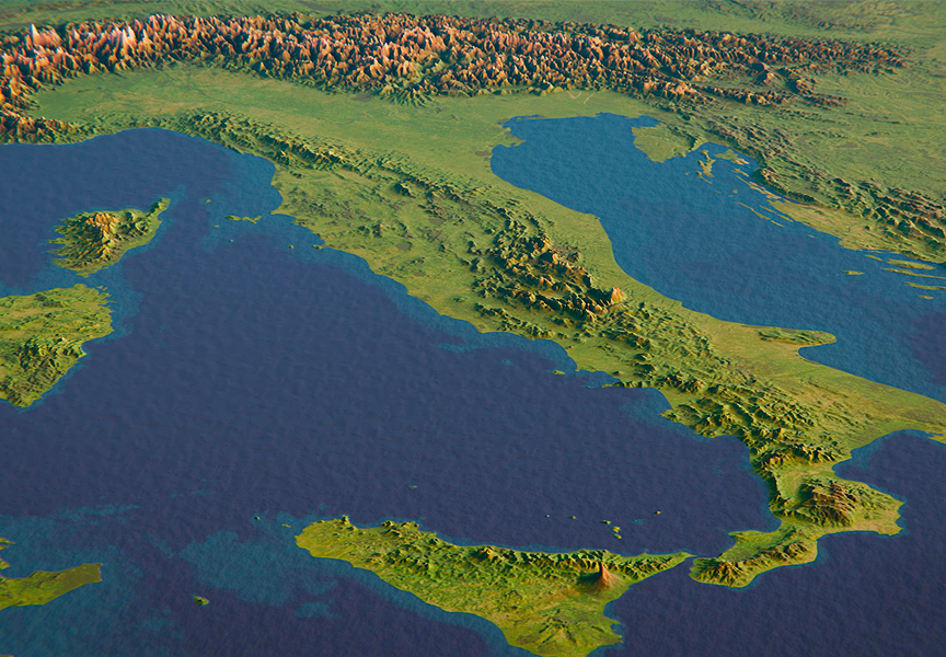 A 3-D view of Italy.