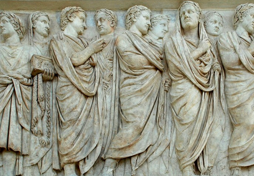 Images of Roman priests and senators on the side of the Ara Pacis (Altar of Peace).