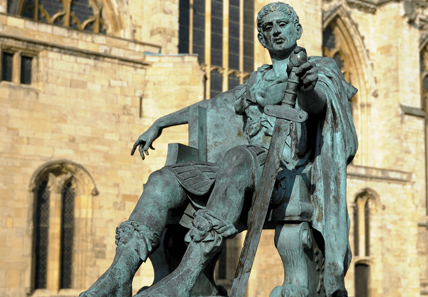 Bronze statue of Constantine the Great outside York Minster, England. 