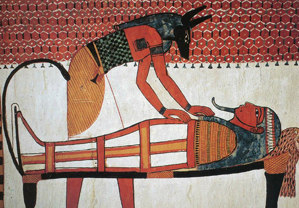 Egyptian tomb painting of Anubis assisting the dead.