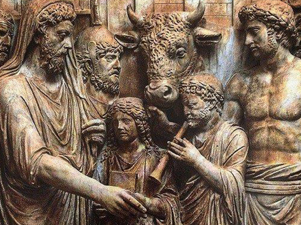 Bronze rendering of the emperor Marcus Aurelius leading a sacrifice.
