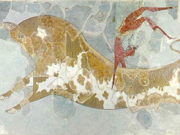 Fresco depicting bull-leading from Knossos, Crete.