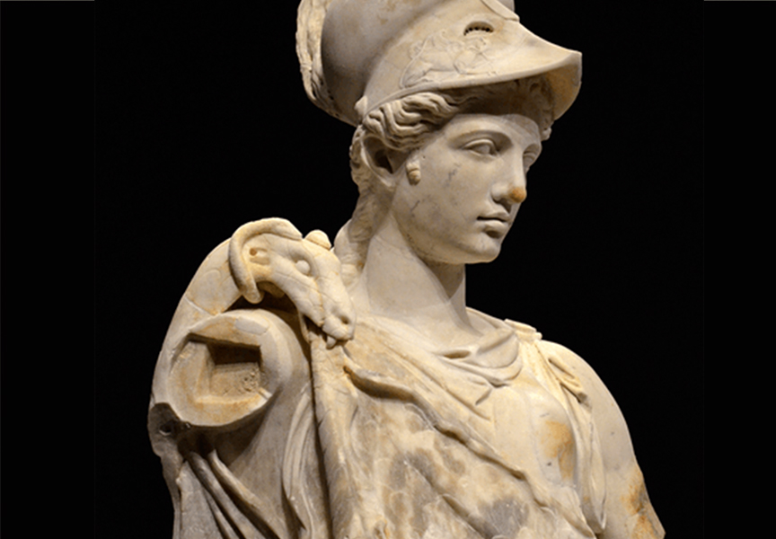 Statue of Athena wearing a Corinthian helmet, the aegis and Gorgoneion (detail), c. 180-190 CE. 