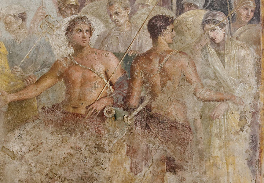 Briseis (right) being taken away from Achilles (left). Pompeiian fresco, 1st century CE.