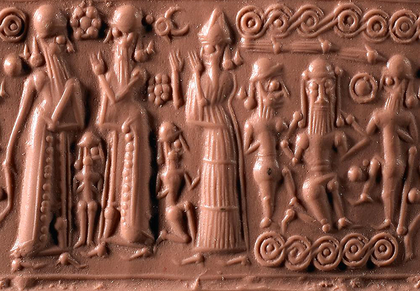 Cylinder seal showing Gilgamesh and Enkidu killing the forest guardian Humbaba (right three figures), Mitannian, c. 1400–1300 BCE.
