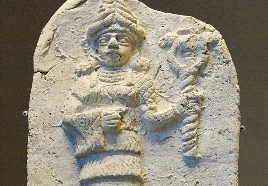 Ishtar holding a symbol of leadership. Terracotta relief, early 2nd millennium BCE. From Eshnunna.