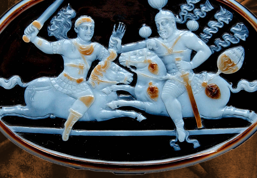 A sardonyx cameo depicting the defeat of Roman emperor Valerian (r. 253-260 CE) by the Persian king Shapur. c. 260 CE. (Cabinet des Médailles, National Library, Paris).