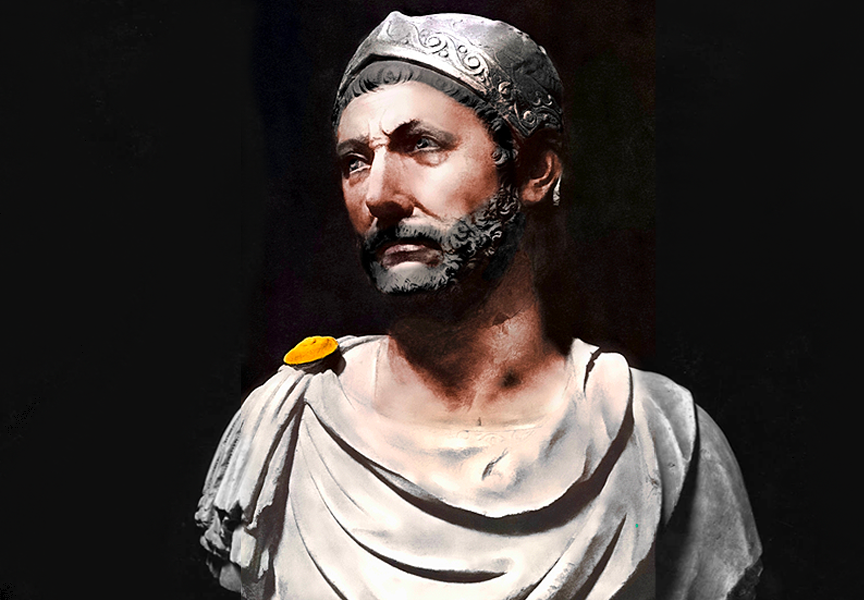 A colorized bust of Hannibal Barca.