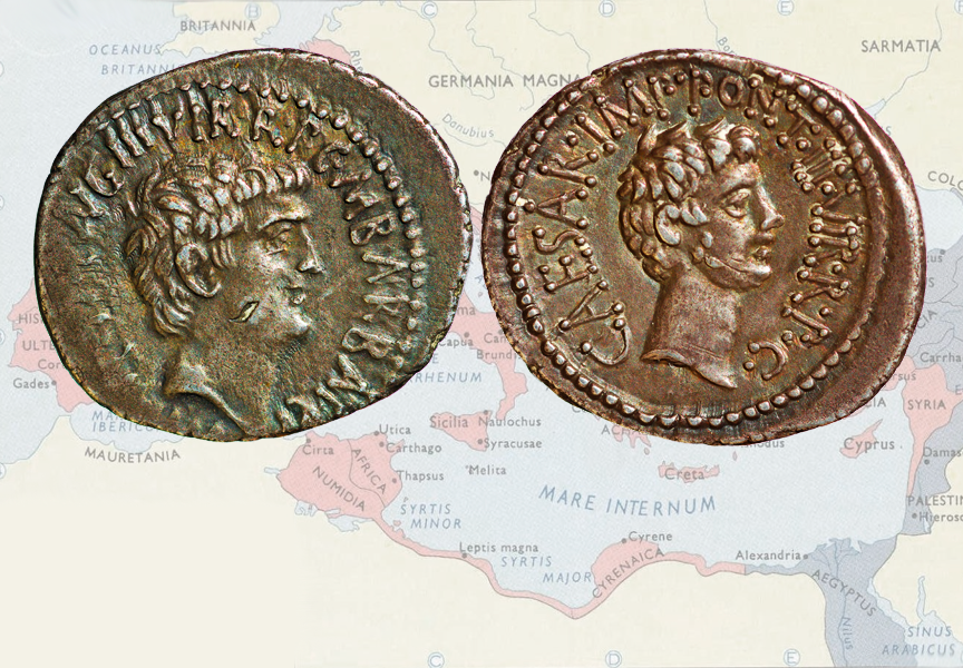 Coins depicting Antony and Octavian as triumvirs (III VIR).