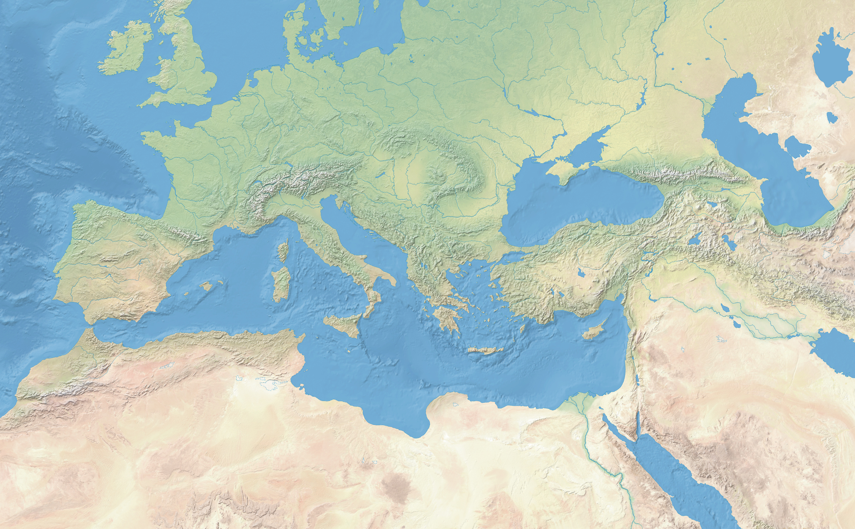 Blank physical map of the Mediterranean World
